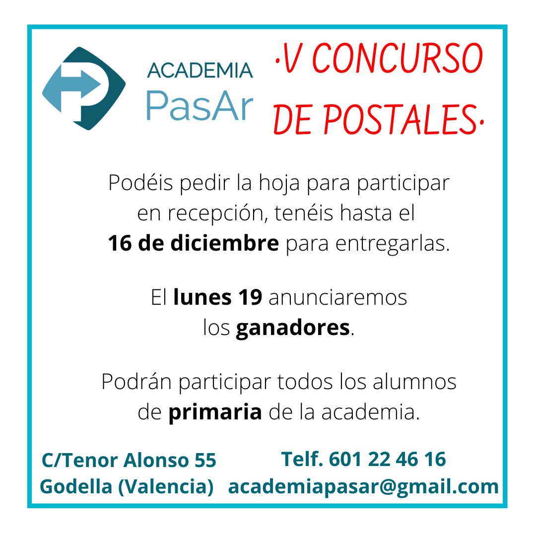 AcademiaPasar's tweet photo. 𝐕 𝐂𝐎𝐍𝐂𝐔𝐑𝐒𝐎 𝐃𝐄 𝐏𝐎𝐒𝐓𝐀𝐋𝐄𝐒

Todos nuestros alumnos de primaria podeis participar hasta el 𝐯𝐢𝐞𝐫𝐧𝐞𝐬 𝟏𝟔 𝐝𝐞 𝐝𝐢𝐜𝐢𝐞𝐦𝐛𝐫𝐞

𝐒𝐔𝐄𝐑𝐓𝐄 𝐀 𝐓𝐎𝐃𝐎𝐒

#AcademiaPasAr #ConsursoDePostales #ConcursDePostals #Postales #Postals #Navidad #Nadal https://t.co/lhEkxHI001