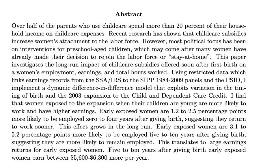 Jennifer Doleac (@jenniferdoleac) on Twitter photo Ashley Erceg
JMP: "The Long-Run Effects of Childcare Subsidies on Maternal Labor Market Outcomes"
Website: sites.google.com/view/aerceg Ashley Erceg
JMP: "The Long-Run Effects of Childcare Subsidies on Maternal Labor Market Outcomes"
Website: sites.google.com/view/aerceg