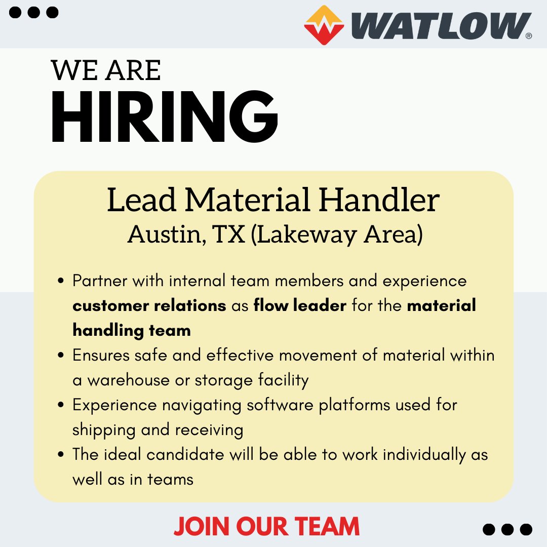 We are hiring for our Lead Material Handler position in Austin, Texas (Lakeway Area). 

Interested candidates can apply through the link below. Feel free to tag or refer someone you know who might be interested.

us63.dayforcehcm.com/CandidatePorta… 

#Recruiting #hiring