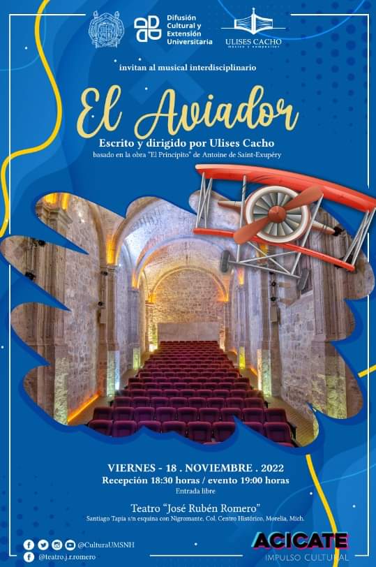 PUmsnh's tweet photo. ✈️✈️"El Aviador"

Les invitamos este viernes 18 de noviembre a la propuesta escénica que Ulises Cacho nos tiene preparada. 

Recepción: 6:30 pm.
Inicia: 7:00 p.m.
Más información en: https://t.co/S69xRH0KEO
¡Les esperamos! https://t.co/mCEbRb3cV2
