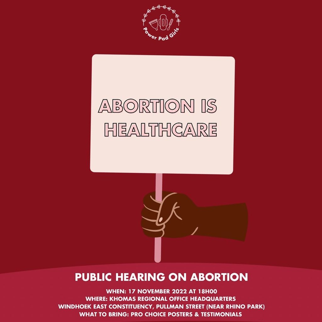 PowerPadGirls's tweet photo. Abortion is healthcare.
Join the public hearings discussions on Thursday at 18h00 at the Khomas Regional Headquarters on Pullman Street ( Near Rhino Park) @LegalizeNA @SisterNamibia @EqualNamibia https://t.co/4rsm9dFExV