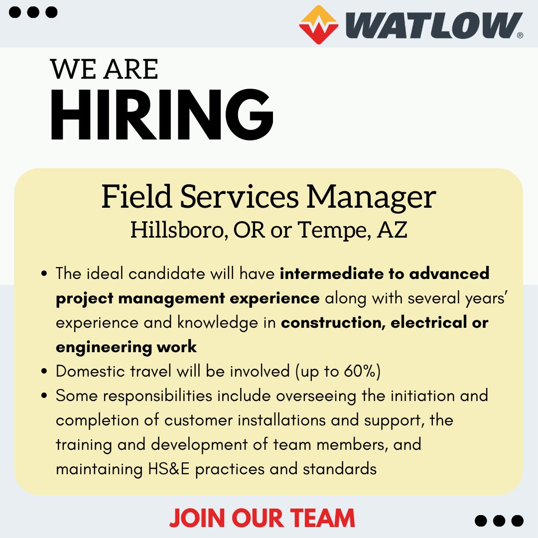 We are hiring for our Field Services Manager position in Hillsboro, Oregon or Tempe, Arizona.  

Interested candidates can apply through the link below. Feel free to tag or refer someone you know who may be interested. 

us63.dayforcehcm.com/CandidatePorta…

#Recruiting #hiring