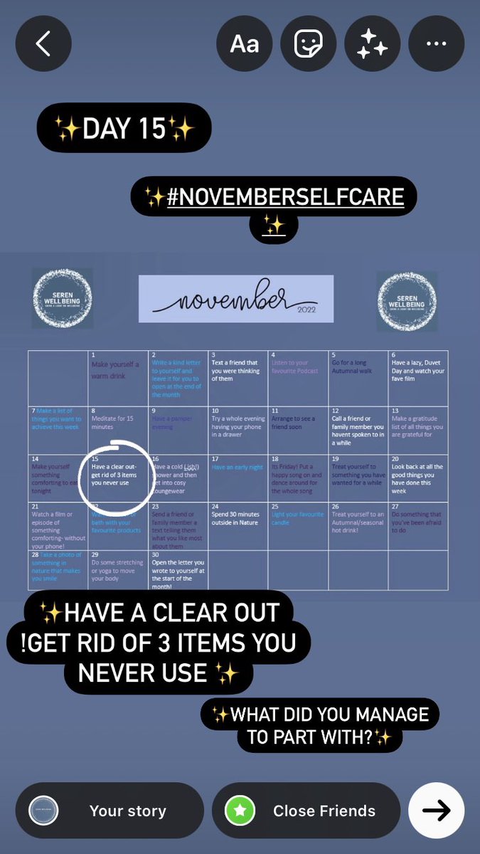 ✨Day 15- have a clear out and get rid of 3 items you don’t use anymore✨

✨what did you decide you can live without?✨
#selfcare #novemberselfcare #day15 #wellness #wellbeing #clearout #halfway #selfcarechallenge