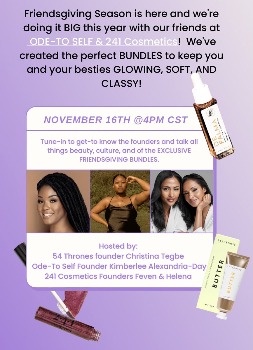 54thrones's tweet image. We’re starting this holiday season right with an EXCLUSIVE Friendsgiving sale with @241Cosmetics and Ode To Self ! Follow us on IG for more information ⭐️
instagram.com/54thrones?igsh…