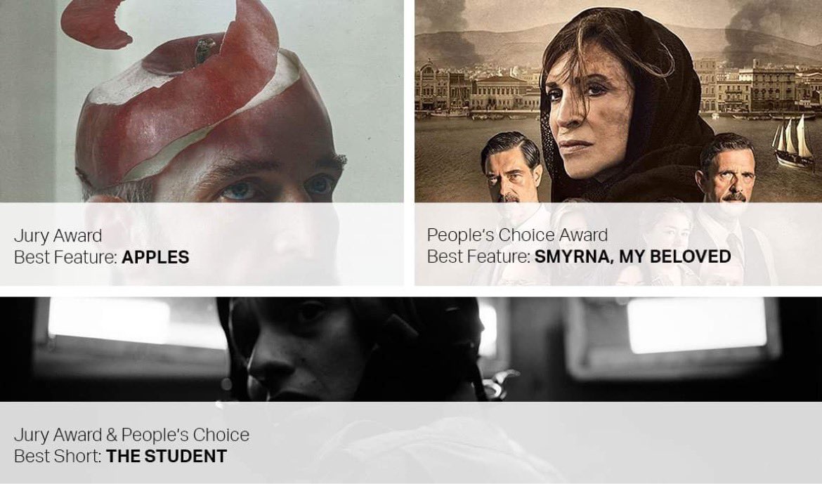 We have our winners! Thank you to everyone who came to our festival this year or supported in any way!

Jury Award, Best Feature: APPLES
Jury Award, Best Short: THE STUDENT
People's Choice, Best Feature: SMYRNA, MY BELOVED
People's Choice, Best Short: THE STUDENT
