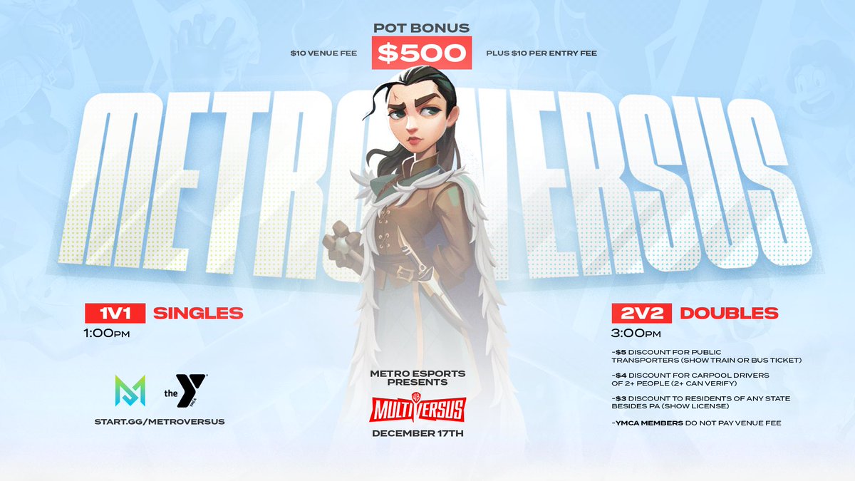 metroesports's tweet photo. From Arya to Wonder Woman, we invite you to the #MetroVersus LAN, coming to the Doylestown Metro Game Lounge next month. 😎

📅: December 17, 2022
💰: $500 Pot Bonus
👤: 1v1 and 2v2 

Sign-ups are OPEN: https://t.co/cCxbOg6Nqk https://t.co/Whrs3USb2Z