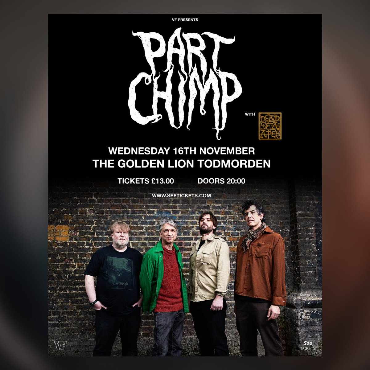 VFPresents's tweet photo. #PARTCHIMP play @GoldenLionTod tomorrow night + @deadseaapes (Sadly the Tall Trees have had to pull out) onwards⦠Doors: 8pm / D.S.A 8:30 / P.C 9:30pm // Tickets Via @seetickets https://t.co/GkL5flg7mn