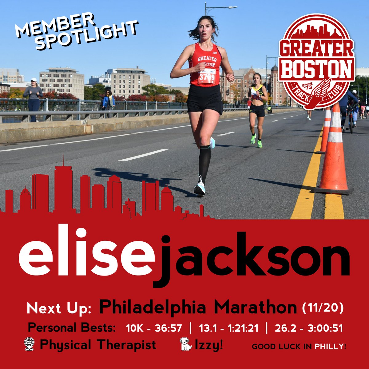 Member Spotlight: ELISE is in full taper mode as she approaches the <a href="/Philly_Marathon/">Philadelphia Marathon</a> on 11/20. When she's not logging miles at Castle Island, she's helping to rehab fellow runners as a PT or hanging with her dog, IZZY!
