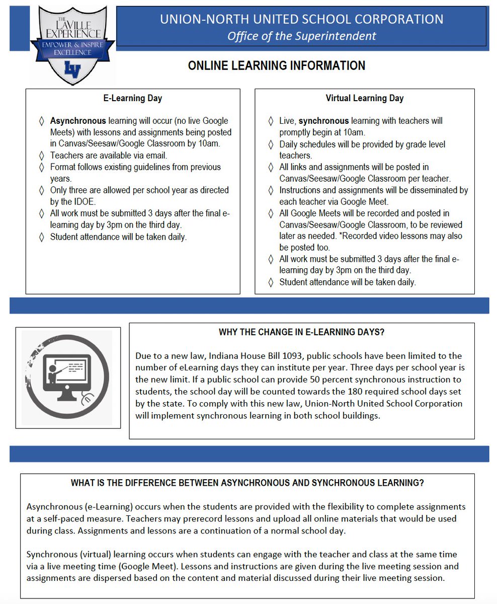 LavilleHS's tweet photo. As we prepare for the winter season and potential weather delays or closures, here is information about the difference between virtual and e-learning days. https://t.co/cLn2EWAph2