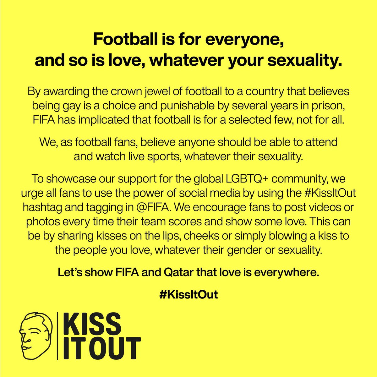 Richie Prynne (@ccsrichie) on Twitter photo To showcase support for the global #LGBTQ+ community, I'm urging all friends and family to participate in the fan lead campaign #KissItOut during this year's <a href="/FIFAWorldCup/">FIFA World Cup</a> in Qatar
Let's show #FIFA and #Qatar that love is everywhere
Love always Wins. #KissItOut 💋 To showcase support for the global #LGBTQ+ community, I'm urging all friends and family to participate in the fan lead campaign #KissItOut during this year's <a href="/FIFAWorldCup/">FIFA World Cup</a> in Qatar
Let's show #FIFA and #Qatar that love is everywhere
Love always Wins. #KissItOut 💋