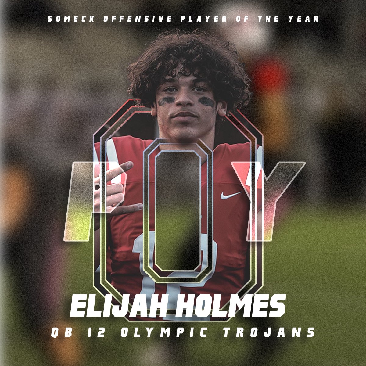 CONGRATULATIONS to the SoMeck Conference OFFENSIVE PLAYER OF THE YEAR, Olympic’s own Elijah Holmes QB @Elihlms12 Elijah finished the season with 3,556 total yards, 36 total TDs, an undefeated regular season, conference championship, and a home playoff win. Great season Eli!