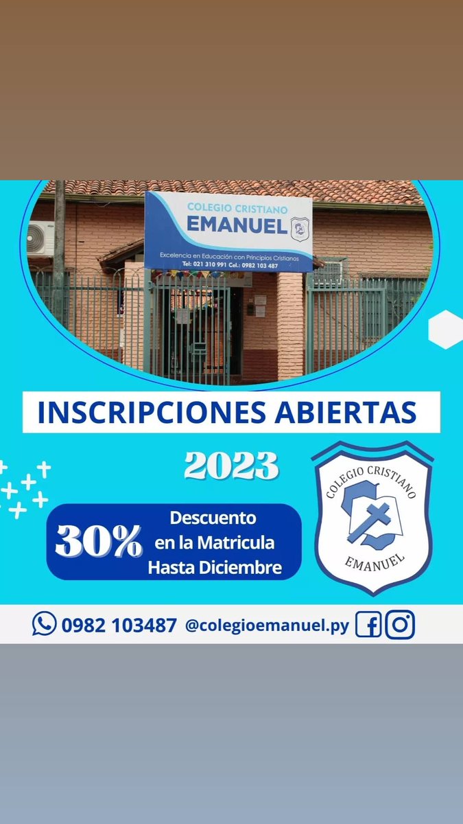 ColegiosCPIEDAD's tweet photo. ¡📝Inscribí a tus hijos y aprovecha nuestra promoción de descuento del 30% menos en la Matrícula, en los colegios Cristo es Rey,  Emanuel y Natanael, o en el caso del colegio Victoria con matrícula de Gs. 250.000! 🤝🏻✨ https://t.co/eiOz1VgZbL