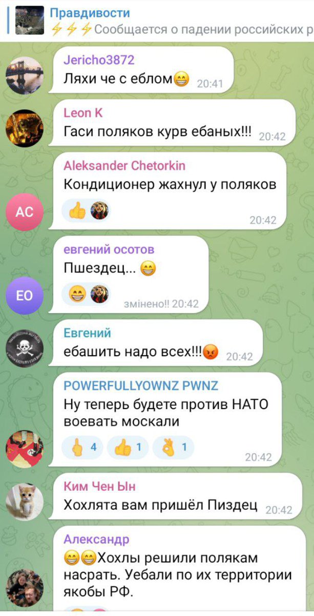 Немного комментариев простых, ни в чем не повинных россиян по поводу падения российской ракет на территории Польши.

Народ в России хороший. Во всём виноват один Путин...