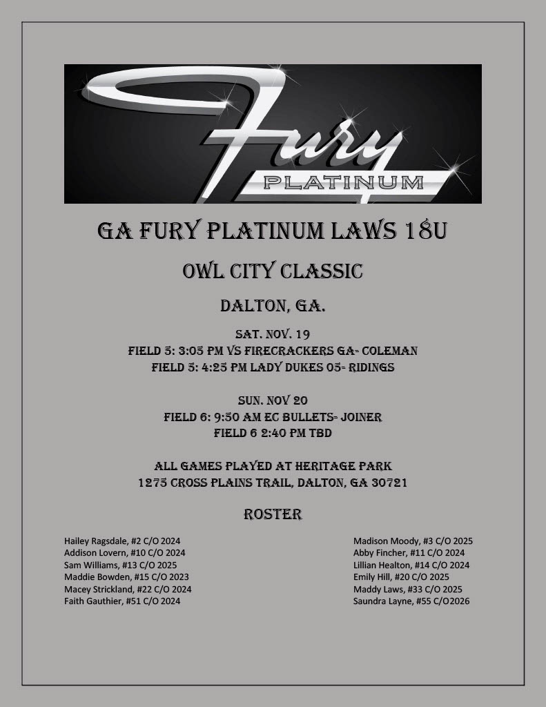GA Fury Platinum Laws (@fury_platinum_l) on Twitter photo Owl City Classic tournament schedule. Looking forward to showcasing this team in front of some great schools.
<a href="/IHartFastpitch/">I❤️Fastpitch</a>
<a href="/SBRRetweets/">Softball Recruiting Reposts</a>
<a href="/TAProfileAPP/">TAP APP</a>
<a href="/TopPreps/">SPORTS NEWS, VIDEOS, GRAPHICS, EXPOSURE & MORE</a>
<a href="/UnderRecruited/">UnderRecruited Preps</a>
<a href="/upnextrecruits/">Up Next Recruits</a> Owl City Classic tournament schedule. Looking forward to showcasing this team in front of some great schools.
<a href="/IHartFastpitch/">I❤️Fastpitch</a>
<a href="/SBRRetweets/">Softball Recruiting Reposts</a>
<a href="/TAProfileAPP/">TAP APP</a>
<a href="/TopPreps/">SPORTS NEWS, VIDEOS, GRAPHICS, EXPOSURE & MORE</a>
<a href="/UnderRecruited/">UnderRecruited Preps</a>
<a href="/upnextrecruits/">Up Next Recruits</a>