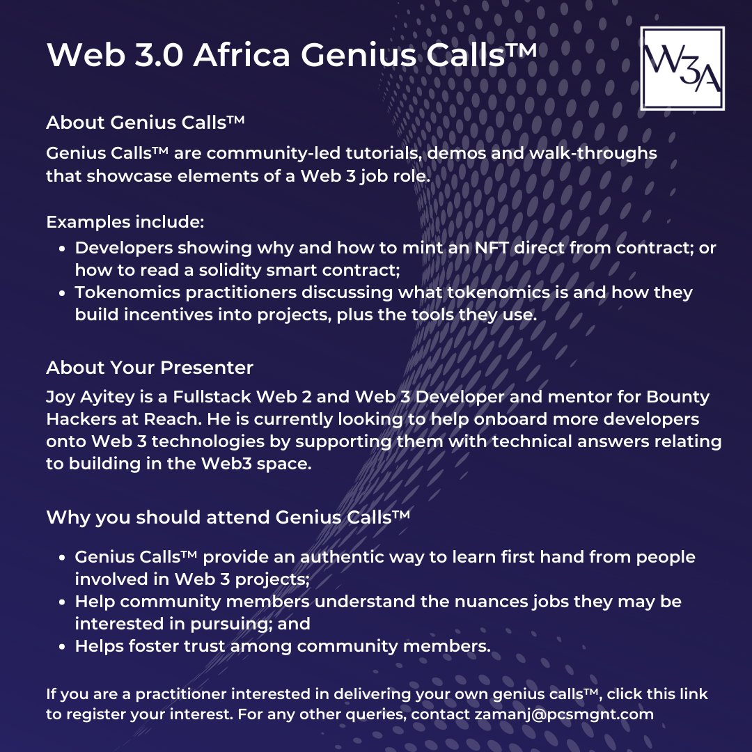 W3ATech's tweet photo. #W3A is pleased to announce Genius Calls™. Cybercrime is on the rise. Joy will teach us basic #Solidity to help us review #NFT #SmartContracts before minting. DM to host your own #GeniusCall. #Blockchain #Web30Africa #Web3  #SaveTheDate @joy_ayitey @ShirleyNzeh @jale_la https://t.co/Xms636DlVn