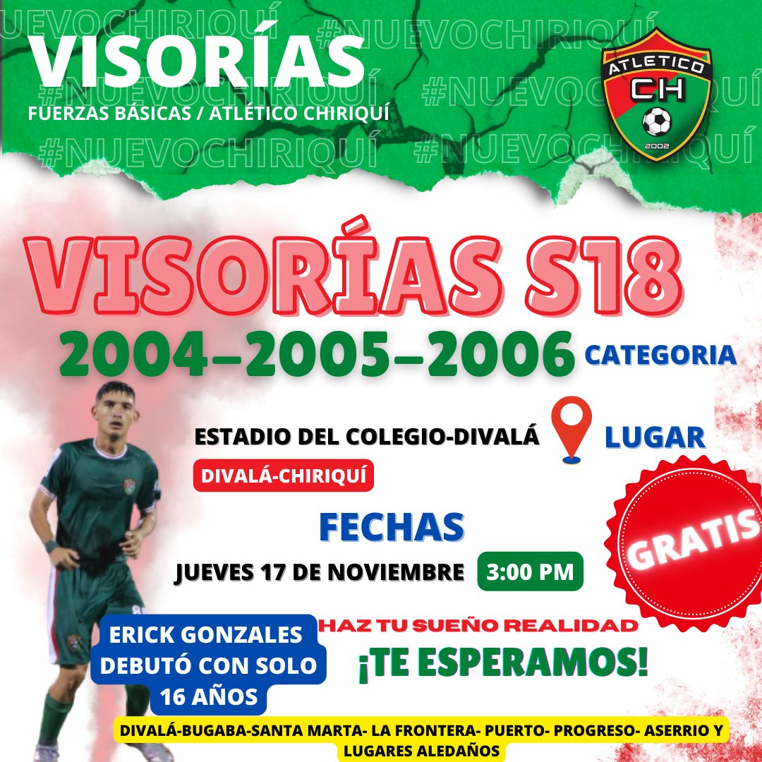 🔥ATENCIÓN DIVALÁ🔥
Visorias sub 18 para jugadores nacidos entre los años 2004 y 2007.
Zonas aledañas como Bugaba, Santa Marta, La Frontera, Puerto, Progreso, Aserrío están cordialmente invitados. 
¡PUEDES LOGRARLO!