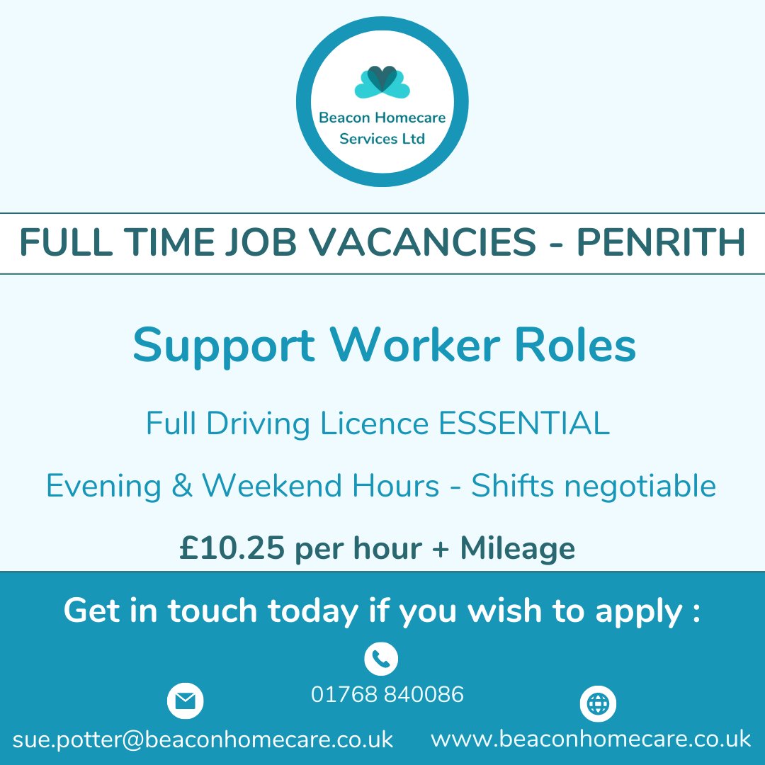 📍Location – Penrith
📝Job Spec – Support Worker (Driving License needed)
⏰Hours – Full Time
💷Salary - £10.25 per hour + mileage (30p per mile + Travel Time)

Get in touch with us today if you would be interestede or send us a DM:
🌐bit.ly/careersatbeacon