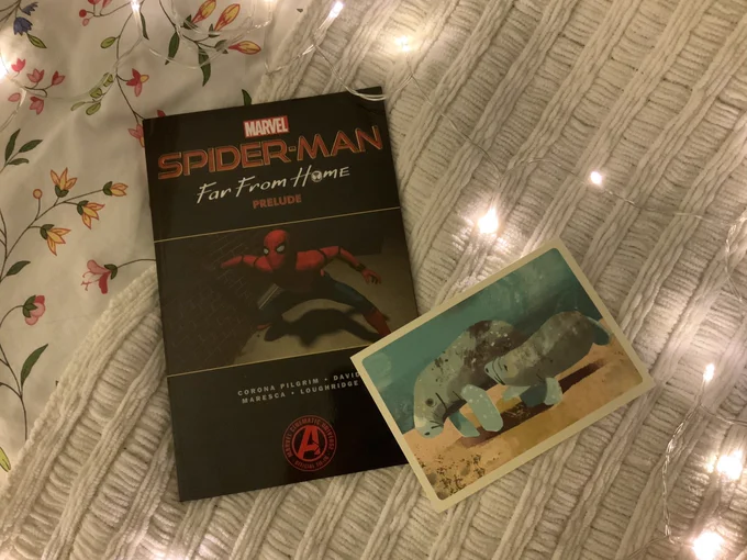 im about to pass out from receiving my little mcu spidey antology that was kept safe by my dearest @buginfestation until i could get it ....... it's hoco IN COMIC FORM u guys!!!! and the comics that inspired ffh!!!!!!! im exploding and destroying everything around me 