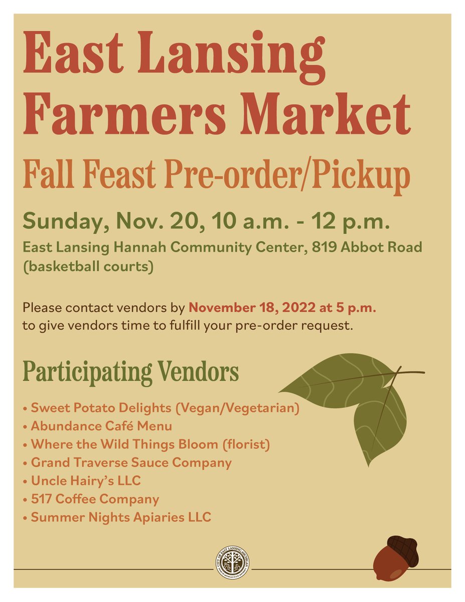 ELFarmersMarket's tweet photo. East Lansing Farmers Market Fall Feast Nov 20 - https://t.co/DDC9eKFwNS https://t.co/pxVS3WAoLN