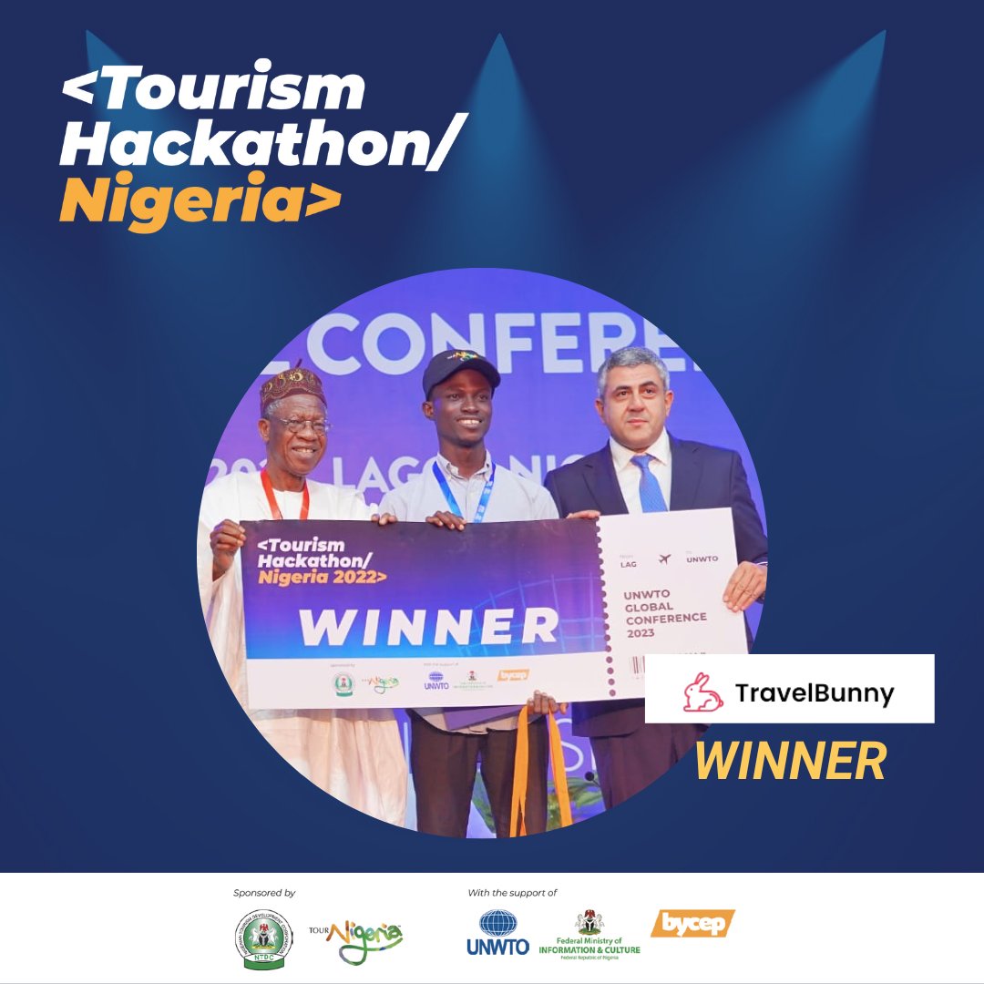 UNWTOAcademy's tweet photo. Youth rocks the stage! 

Congratulations #TravelBunny 🎉🏆for its innovative solution to help local and international tourists to discover #Nigeria with an app to allow users plan trips and split costs.

Welcoming all finalists in our @UNWTOAcademy for their scholarships! https://t.co/qH4aIahsrE