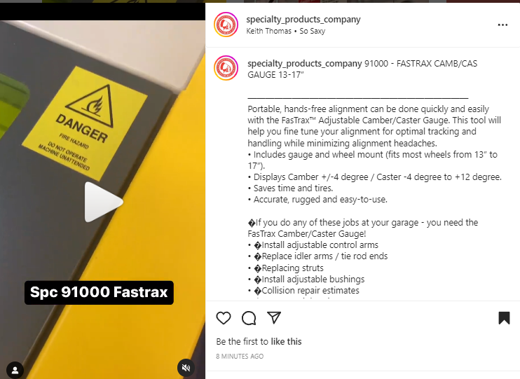 SPCAlignment's tweet image. Portable, hands-free alignment can be done quickly and easily with the FasTrax™ Adjustable Camber/Caster Gauge. This tool will help you fine tune your alignment for optimal tracking and handling while minimizing alignment headaches.

See the full video
instagram.com/p/Ck_kV9qp3gP/
