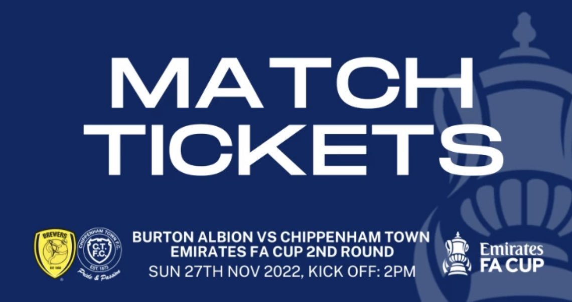 We’re doing it again…..one lucky ticket holder will win a @ChipTownFC home shirt!!! All you need to do is purchase a ticket for the @EmiratesFACup game against @burtonalbionfc . Will YOU be the lucky ticket holder??? #chippenham #FACup #bluearmy
