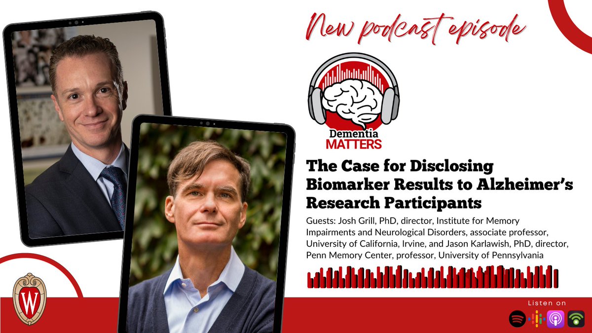 Wisconsin ADRC (@wisconsinadrc) on Twitter photo Drs. Josh Grill and @jasonkarlawish join <a href="/NathanielChinMD/">Nathaniel Chin</a> on #DementiaMatters to discuss the debate over sharing biomarker results with #AlzheimersDisease research participants, how these powerful disclosures can be made ethically and more. Listen now: go.wisc.edu/1816i2 Drs. Josh Grill and @jasonkarlawish join <a href="/NathanielChinMD/">Nathaniel Chin</a> on #DementiaMatters to discuss the debate over sharing biomarker results with #AlzheimersDisease research participants, how these powerful disclosures can be made ethically and more. Listen now: go.wisc.edu/1816i2