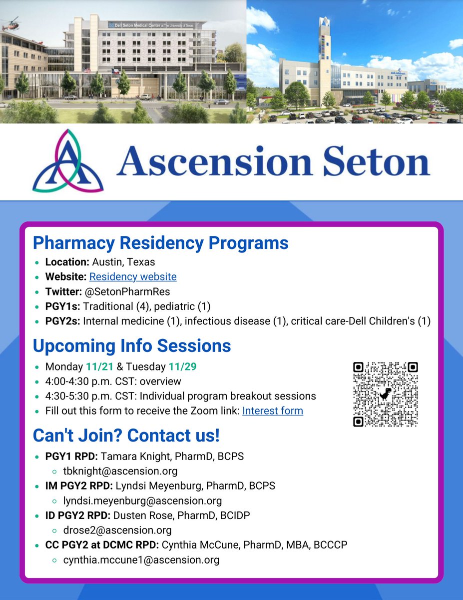 SetonPharmRes's tweet photo. Interested in learning more about our PGY1 or PGY2 pharmacy residency programs? Please join us for an info session on either Monday 11/21 or Tuesday 11/29! https://t.co/YM48nm3q6J
