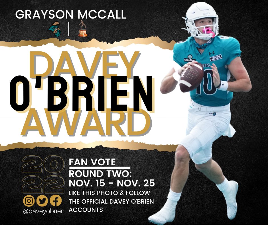 daveyobrien's tweet photo. #TEALNATION McCall-ing all Coastal fans to vote! Like this original post and follow the official @daveyobrien accounts. The top 5 vote getters on Twitter, Instagram &amp; Facebook will receive bonus committee votes to help decide our National Quarterback Award winner! https://t.co/CDXARnJ3V1