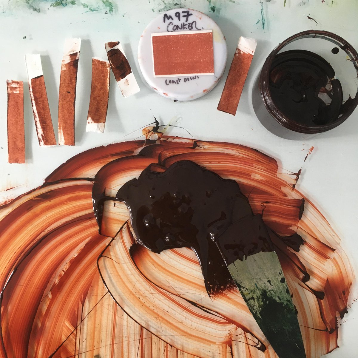 Design_York's tweet photo. I ran out of my 'conker' ink, so need to mix some more. 🎨  I'm a little pedantic about colour matching! 😬 Being a mix of 3 Hawthorn inks, it's tricky to get it just right. 

#linocut #linoprint #printmaking #ink #wip #colourpalette #colour #colourstudies #artiststudio https://t.co/cnt78OT1a7