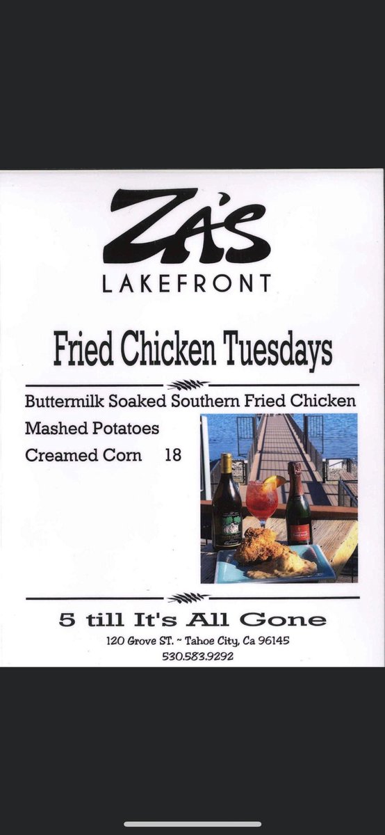 ZasLakefront's tweet photo. Perfect meal for these chilly nights! Every Tuesday starting at 5 at Za's Lakefront!
#zaslakefront #TuesdaySpecial #friedchicken https://t.co/OwR8dxSoHo