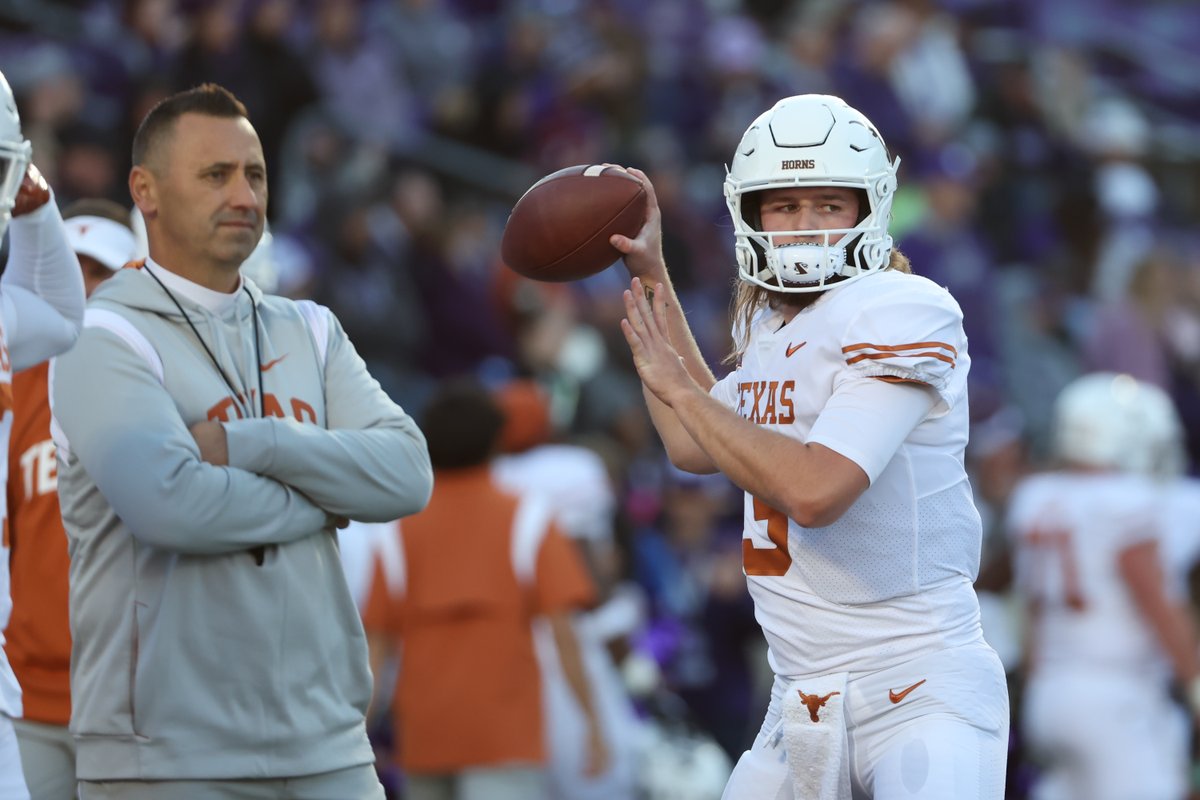 247Sports's tweet photo. Steve Sarkisian says the Texas offense and Quinn Ewers "have to improve" ahead of a pivotal game at Kansas:

https://t.co/kP0fhEzEzd https://t.co/0YTp55QabY