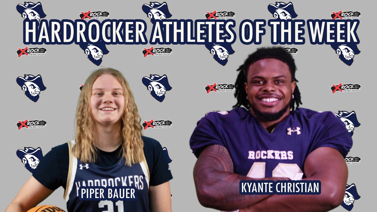 GoHardrockers's tweet photo. This week’s X-Rock Hardrocker Athletes of the Week are Piper Bauer and Kyante Christian!

Bauer led the Hardrocker women in scoring, recording 19 and 16 points in the games, and adding five rebounds on Saturday. 

Christian recorded 7 tackles, 2 tackles for loss and 1.5 sacks. https://t.co/fhNo2qbIMx
