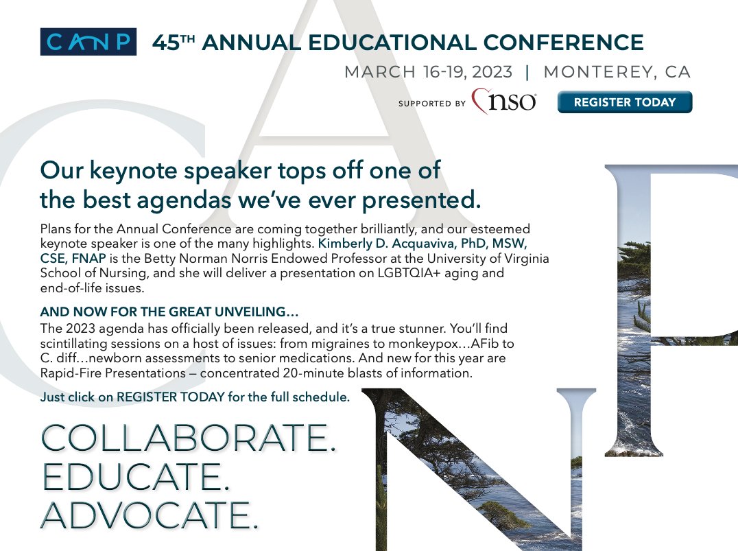 CaliforniaNP's tweet photo. We hope you saw the big news. This #CANP45 keynote speaker tops off one of the best agendas we’ve ever presented. Thrilled to have @kimacquaviva kick off our Annual Conference in Monterey on 3/16-19, 2023. See the newly unveiled agenda & register today: https://t.co/66Hb3v1HHs https://t.co/Lq2DTeZEuA