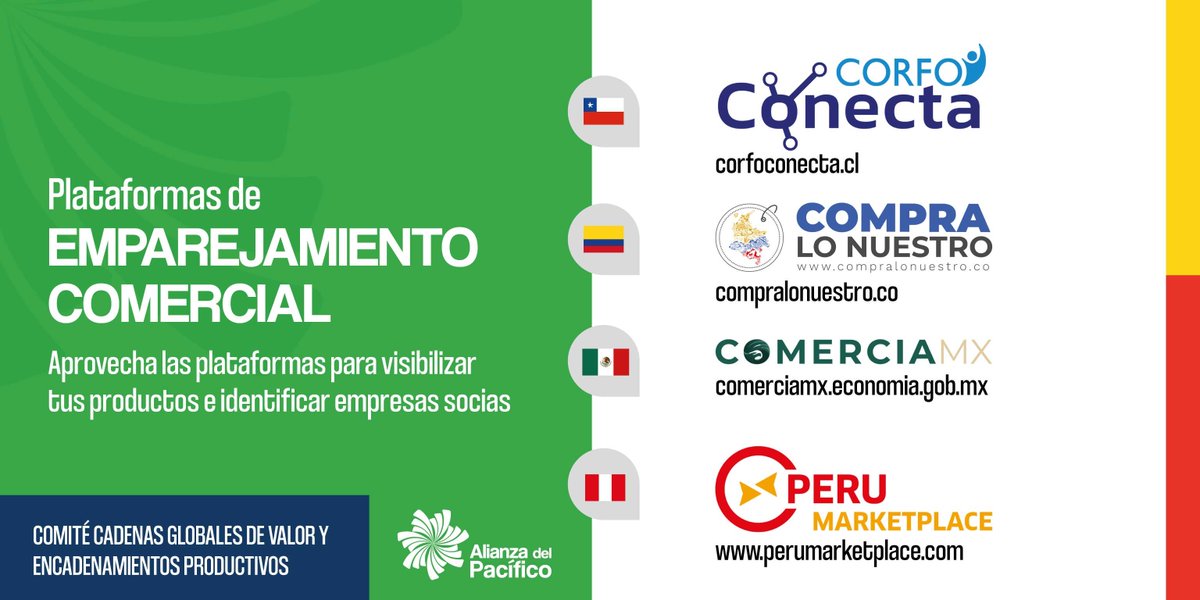 ¿Te interesa integrarte a cadenas de valor en Chile, Colombia, México o Perú? ✈️🌎

✅ Registra tu empresa en estas plataformas e identifica oportunidades de negocio.

🇨🇱 corfoconecta.cl
🇨🇴 compralonuestro.co 
🇲🇽 comerciamx.economia.gob.mx 
🇵🇪 perumarketplace.com