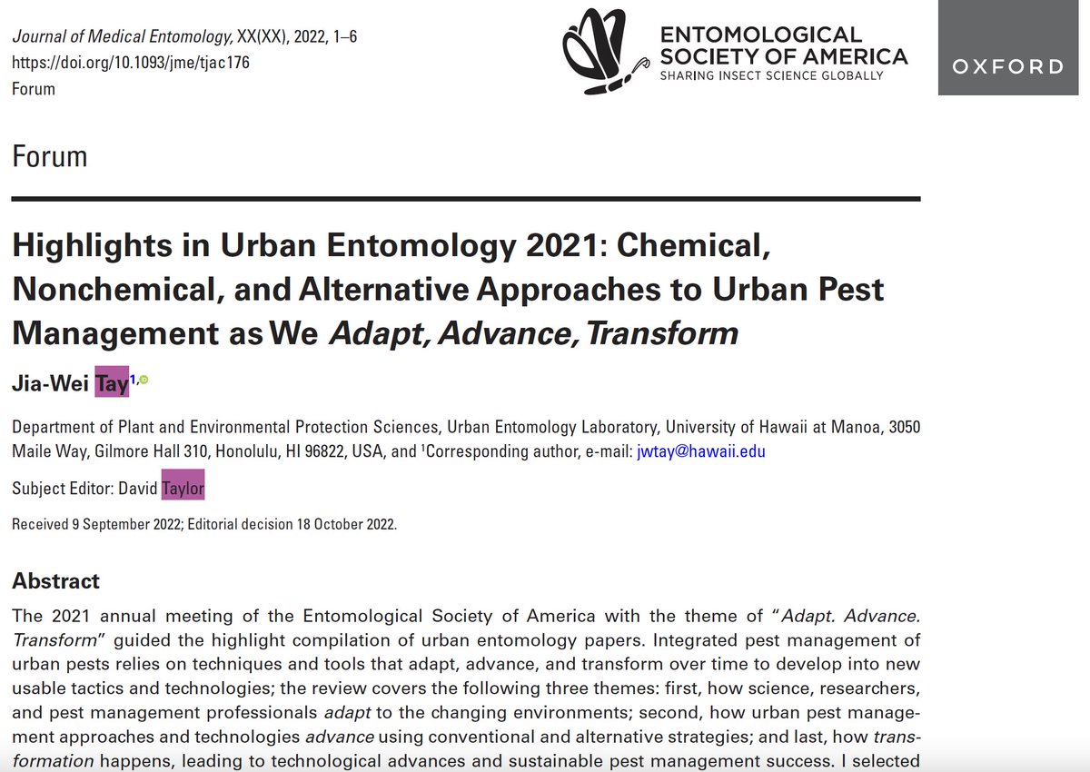 TayUrbanEntoLab's tweet photo. A sneak peek of my @MUVE_ESA #hawaii #termite poster for today (6pm Nov15),and my incoming publication on “Special Collection: 2021 Highlights in Urban Entomology: Alternative Approaches to Urban Pest Management as We Adapt, Advance, Transform” (Available soon) https://t.co/EuaG8Zam70