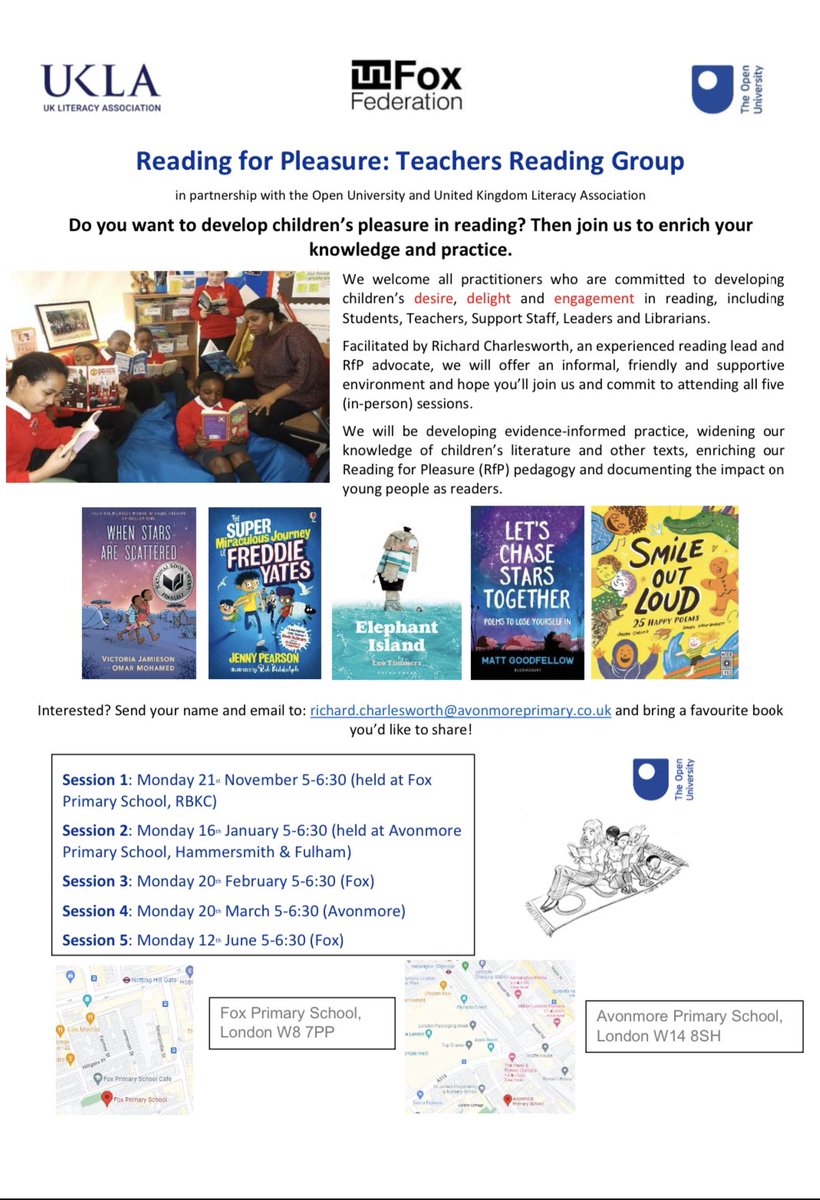 🚨Teacher Reading Group in Central London🚨 Open to All: Students, Support Staff, Librarians, Leaders and Class Teachers Session 1: Monday 21st November 5-6:30 (held at Fox Primary School, Notting Hill Gate) See the flyer below to sign up! Appreciate any RTs to spread the word.