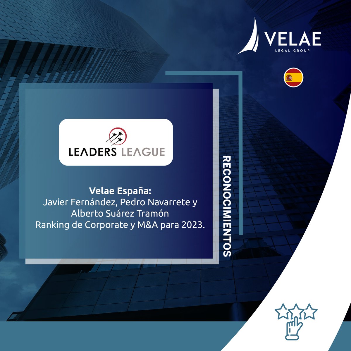 #Reconocimiento España 🏆 | Hace unos días nuestros abogados de DJV-Estrada Azcona Abogados - 𝗩𝗲𝗹𝗮𝗲 𝗘𝘀𝗽𝗮ñ𝗮, recibieron el reconocimiento dentro del ranking " Corporate y M&amp;A 2023" del prestigioso directorio internacional Leaders League.

#FirmaLegal #VelaeLegalGroup