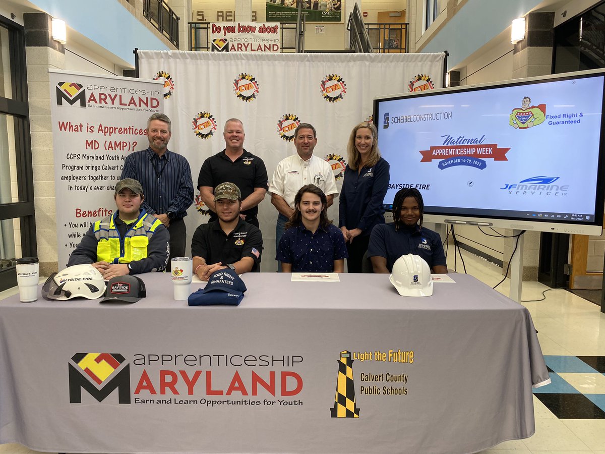 Today we celebrated our <a href="/calvertnet/">Calvertnet</a> Apprenticeship Maryland (AMP) students and their sponsors for #NAW2022:(L➡️R) B.Phipps w/Bayside Fire Protection, W.Walton/Fixed Right and Guaranteed, M.Brexler/JF Marine, and T.Mitchell/Scheibel Construction. #YouthApprenticeship #WeDoThatHere