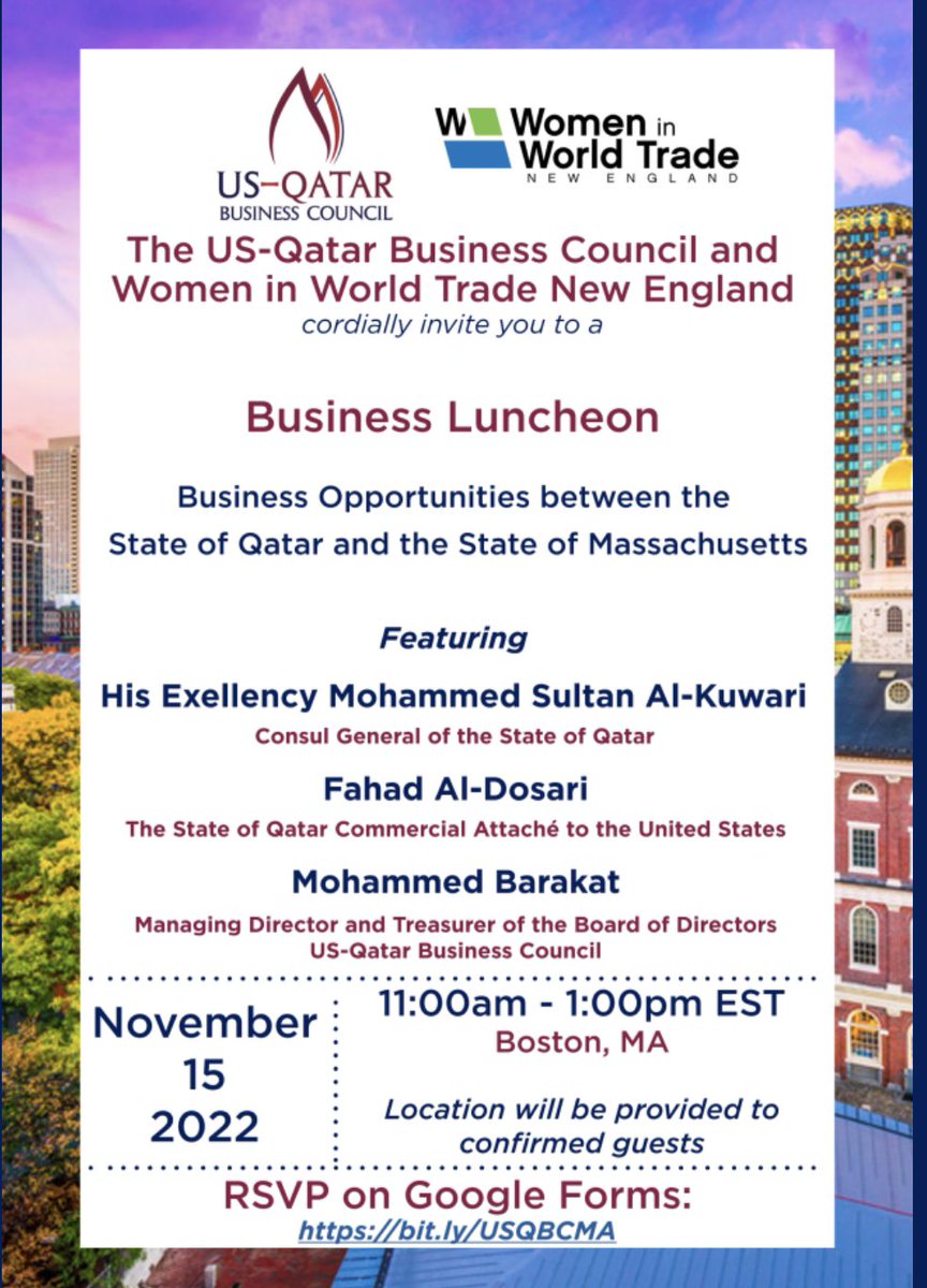 Thank you for joining us &amp; <a href="/USQatar/">US-Qatar Business Council</a> @ <a href="/HarvardClub374/">Harvard Club Boston</a> for a Business Luncheon. It was wonderful to connect w/ His Excellency Mohammed Sultan Al-Kuwari Consul General of the State of Qatar, Fahad Al-Dosari,Commerical Attaché to the US &amp; Mohammed Barakat, Managing Director <a href="/USQatar/">US-Qatar Business Council</a>
