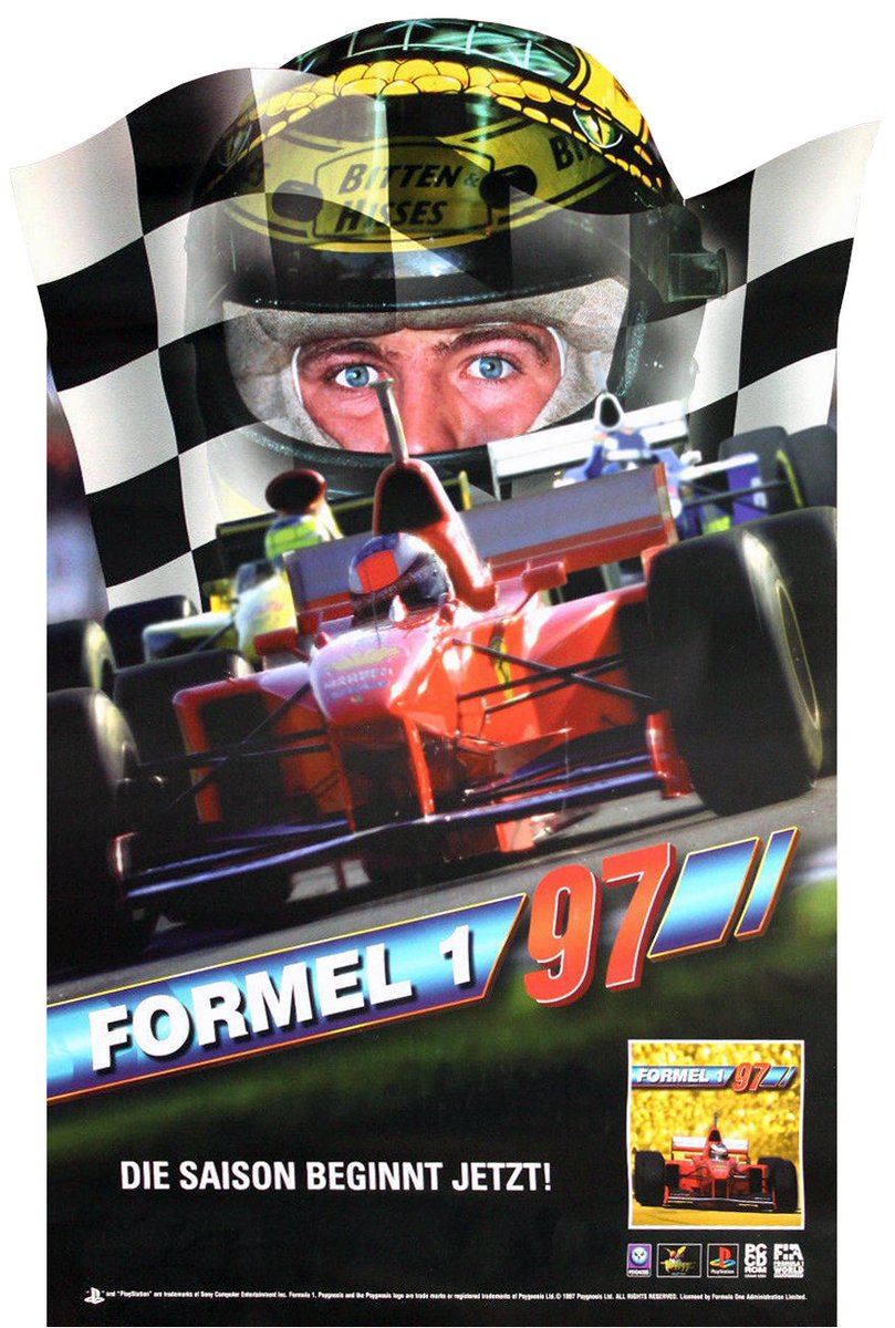 RaceSimCentral's tweet photo. German store banner for Psygnosis' Formula 1 97 showing Michael and Ralf Schumacher. Psygnosis went on to become Sony's Formula One developer during their exclusivity period, but were shut down completely in 2012. #f1 #f1game #simracing #formula197 https://t.co/iJSG6lLOF5