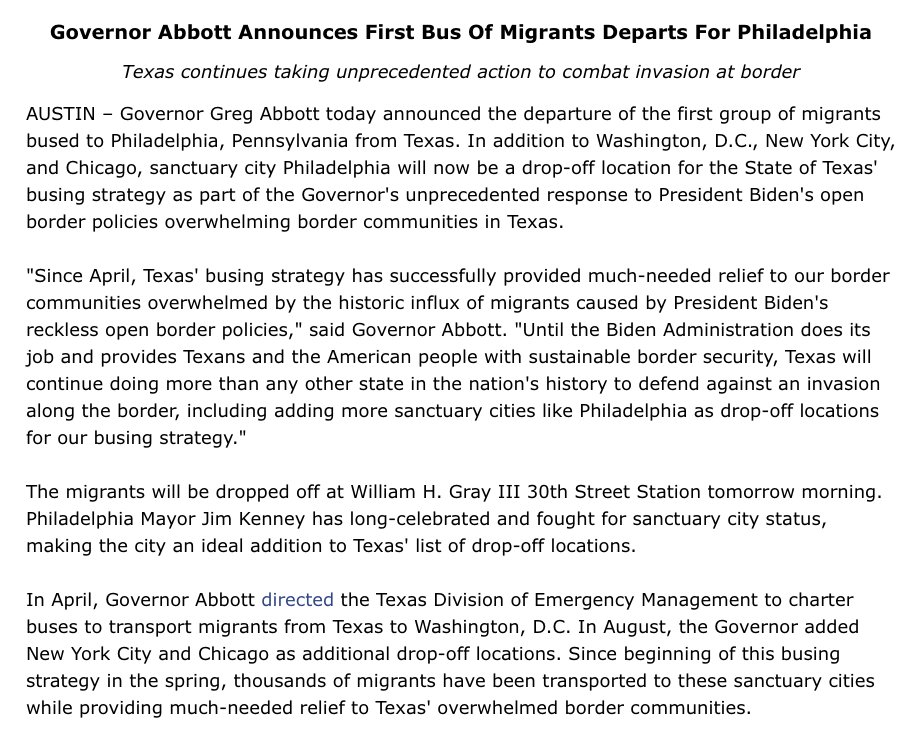 The first Texas bus of migrants has departed for Philadelphia.

The Lone Star State will continue doing more than any state in history to secure our border, including adding more sanctuary cities as drop-off locations for our busing strategy.