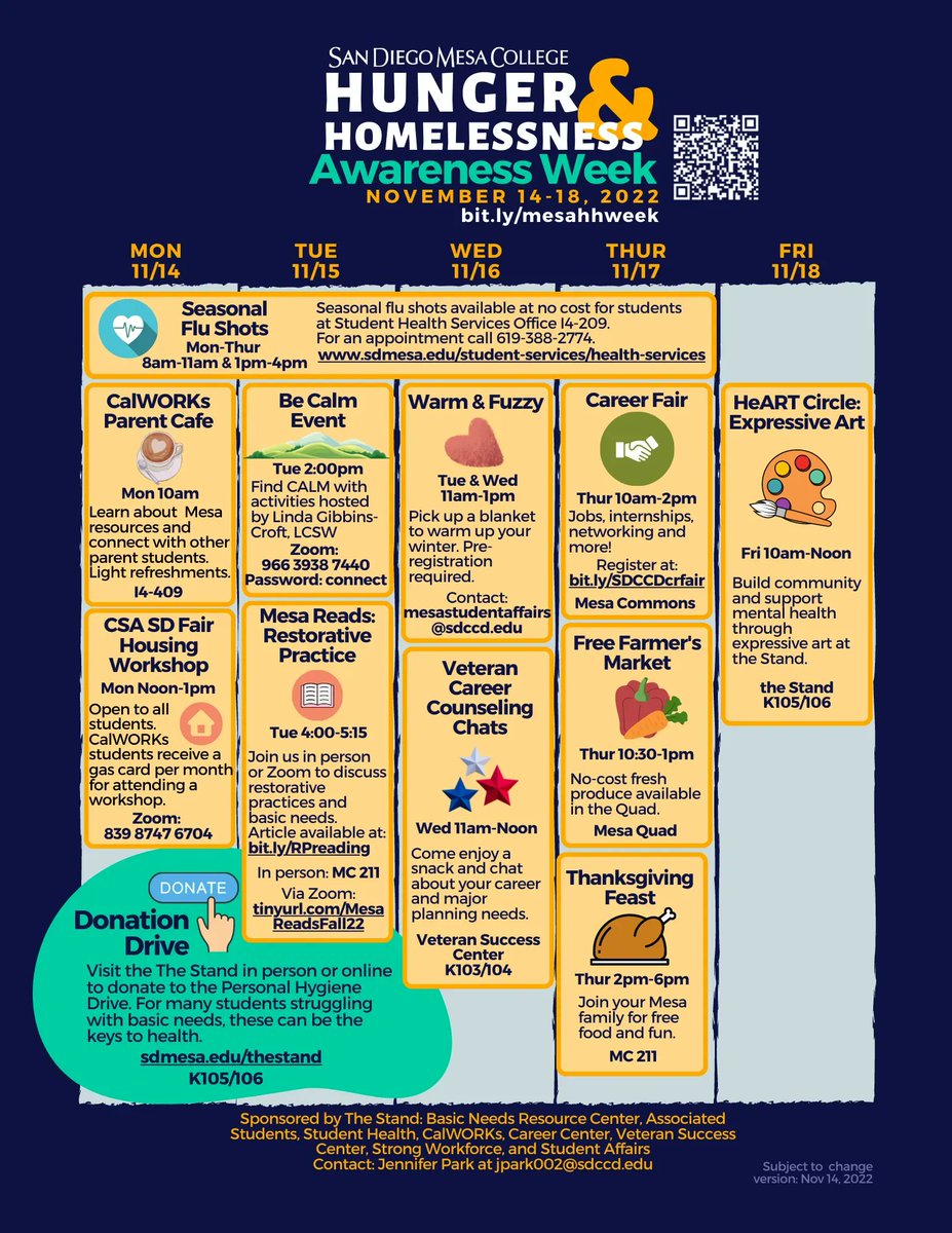 HAPPENING ALL WEEK
Hunger &amp; Homelessness Awareness Week 2022
Check out the flyer for a week full of events, including the annual Thanksgiving Feast!
To donate to The Stand, visit: sdmesa.edu/thestand
To book an appointment for a flu shot call (619) 388-2774
More events added!