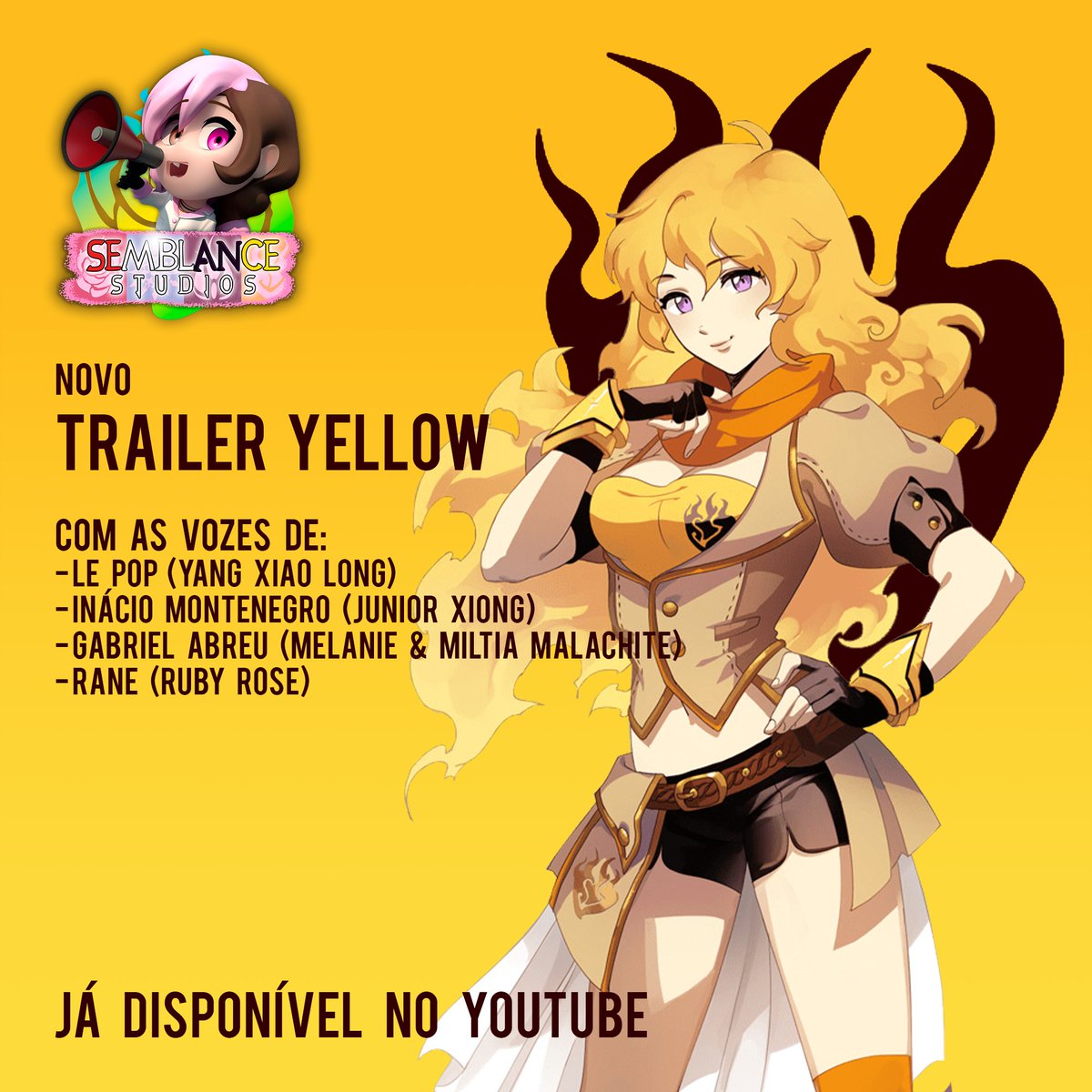 SemblanceStBR's tweet photo. RELANÇAMENTO!! NOVO TRAILER YELLOW JÁ DISPONÍVEL NO CANAL!! 💛🔥

O #TrailerYellow de #RWBY em português, fandublado pela #SemblanceStudios está de volta ao nosso canal no YouTube!!+ https://t.co/LCzxKYEBiV