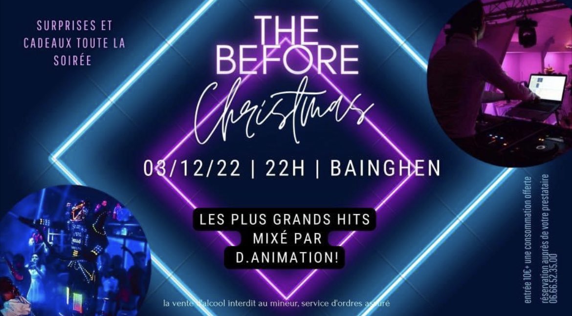 La société D. Animation organise sa première grande soirée ! Le 3 décembre 2022 🕺🏻

Alors n’hésitez pas à réserver vos places le plus vite possible !! 🎟️  
Entrée 10€ plus une consommation offerte !
⬇️⬇️
Plus de renseignements sur la page Facebook de Quentin Ducrocq Immouest