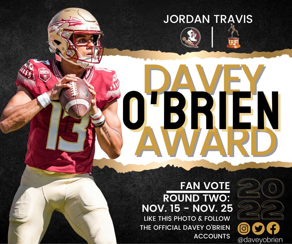 daveyobrien's tweet photo. #NoleFamily Leave Nole doubt on your vote for Jordan! like this original post and follow the official @daveyobrien accounts. The top 5 vote getters on Twitter, Instagram &amp; Facebook will receive bonus committee votes to help decide our National Quarterback Award winner! https://t.co/kf5YrEeHjE