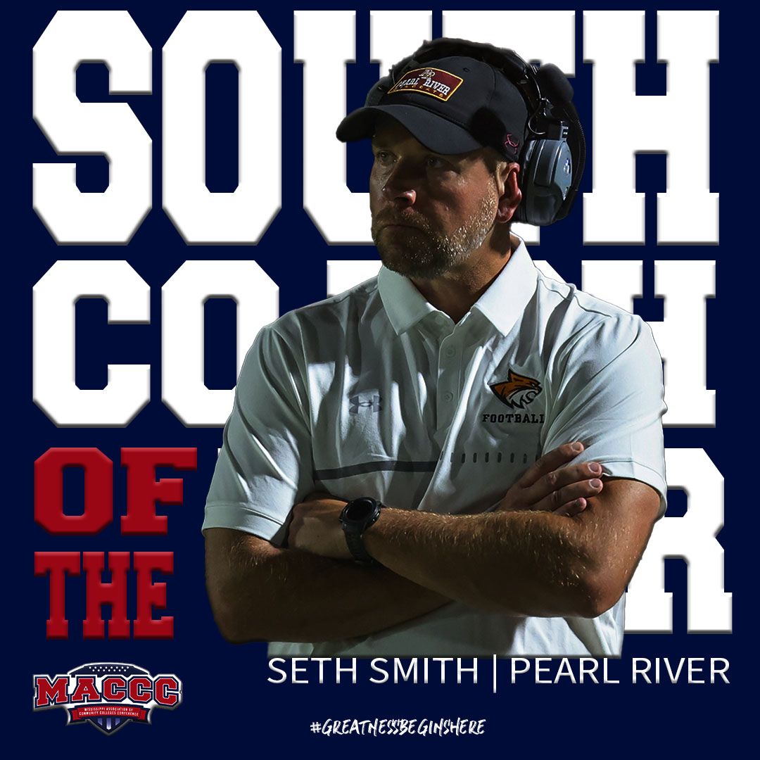 MACCCAthletics's tweet photo. Pearl River Head Coach Seth Smith picked up MACCC South Coach of the Year after taking the team from a 2-7 (0-6 MACCC) season in 2021 to narrowly missing the MACCC playoffs in 2022 with a 6-3 (4-2 MACCC) record. #FBAllMACCC2022 https://t.co/K7pEVsrxkK
