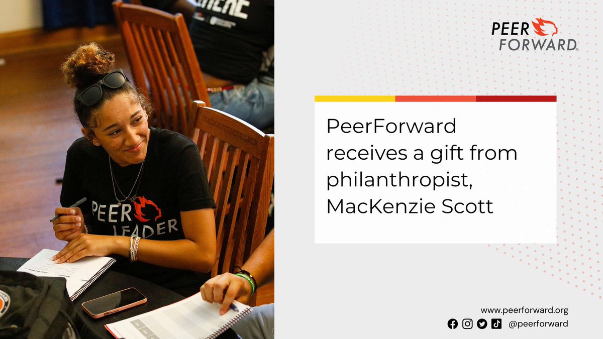 PeerForward's tweet photo. We’ve got BIG news! 📰
Philanthropist MacKenzie Scott awarded PeerForward in her latest round of gifts 🎉
Thanks to Ms. Scott, Peer Leaders will continue to have a positive impact on their communities. Read the full story: https://t.co/WUL5E5Q0W7 https://t.co/qMImnXmnn5