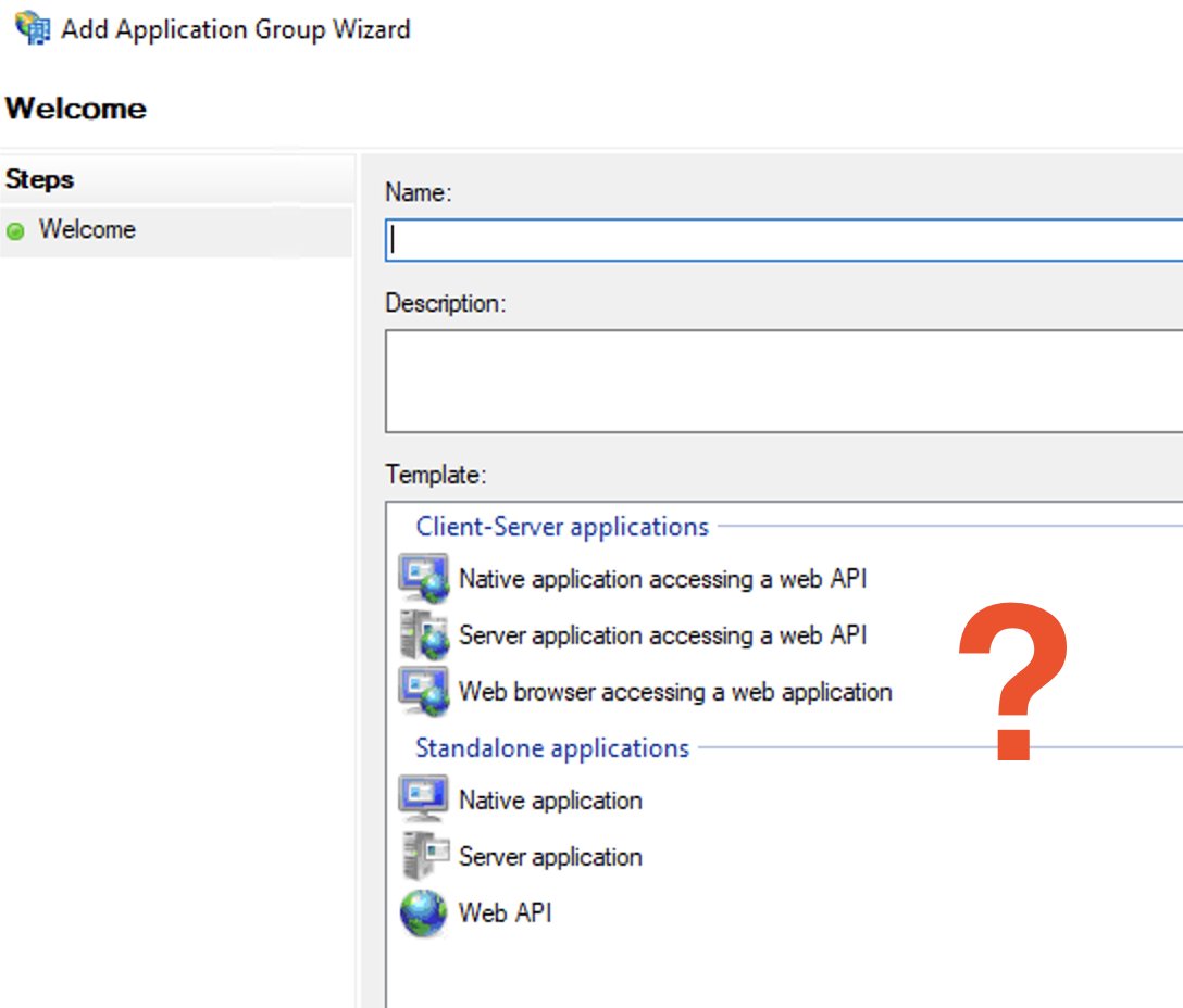 graton_cleric's tweet photo. OAuth/OpenID Connect configuration on ADFS is confusing. Such a mess of descriptions in the UI.
"Application Groups"?, "allatclaims"?, Client/Server/Standalone application?! Or API?! Or Web browser"?! https://t.co/v1qDUE85Kp