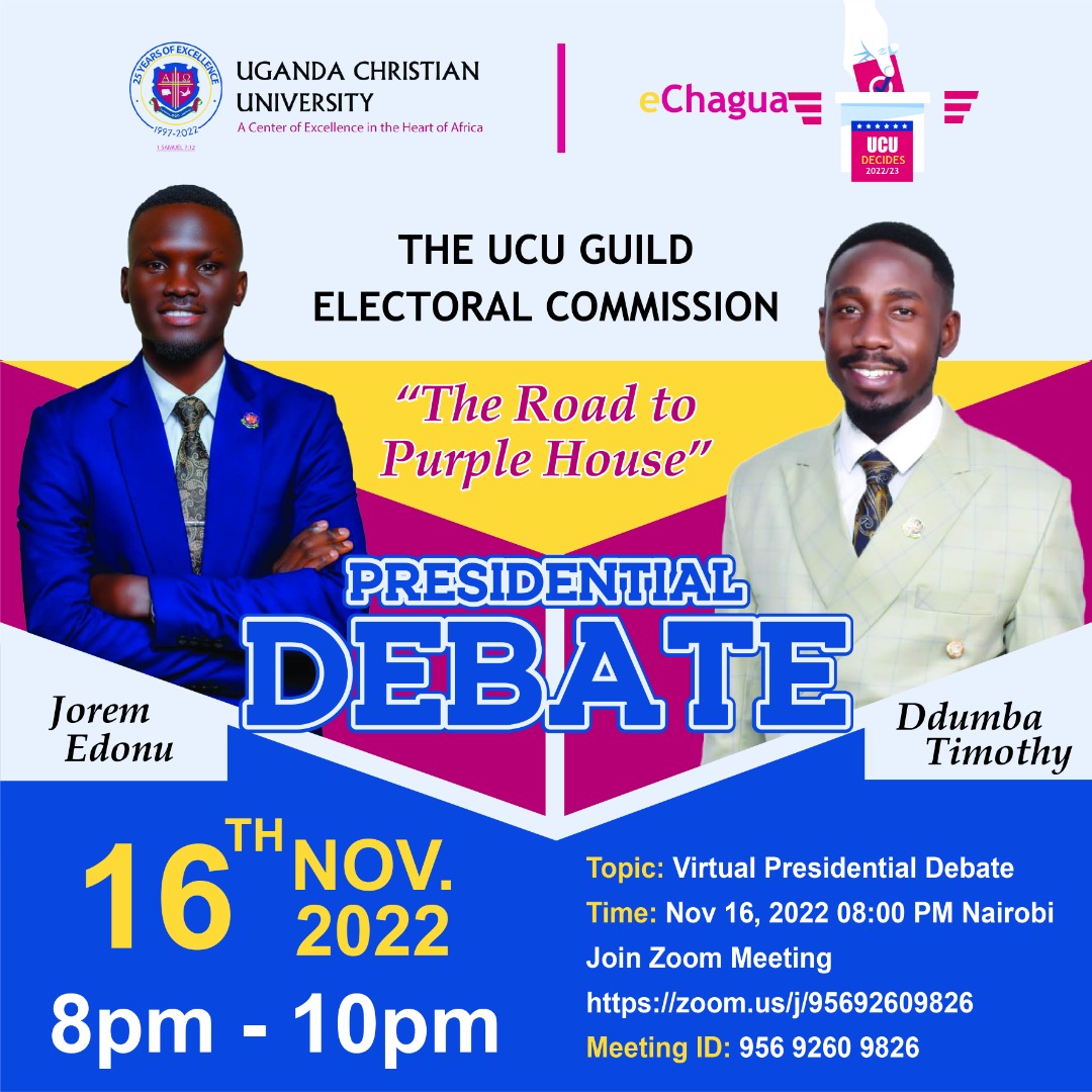 UCUniversity's tweet photo. The battle of Wits: Jorem Eduno Vs Ddumba Timothy.
The UCU Guild Presidential Debate will happen virtually, tomorrow, November 16, starting at 08- 10pm.
See flyer for Zoom details.
Note: The debate will be Livestreamed on the UCU YouTube Channel. #UCUDecides https://t.co/qk1l0D2FsR
